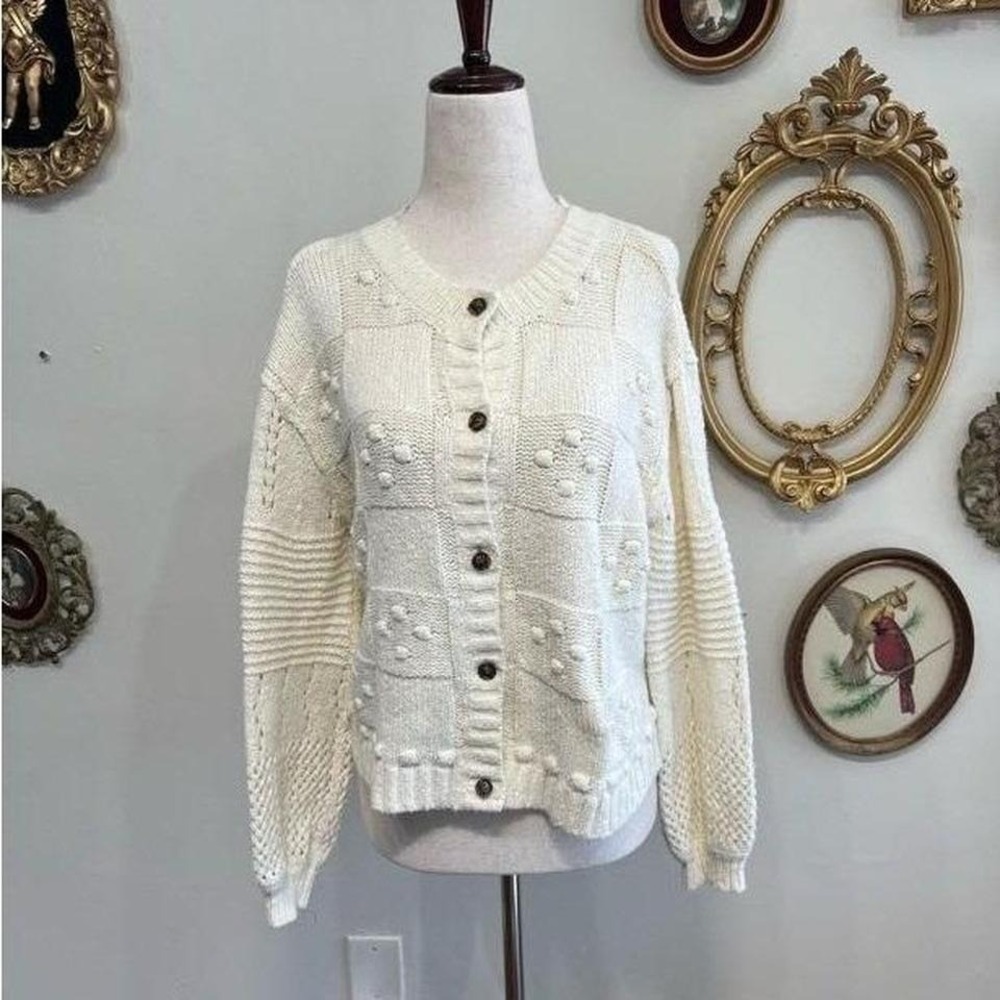 Anthropologie Pilcro Cream Textured Patchwork Bobble Cardigan Size XS
